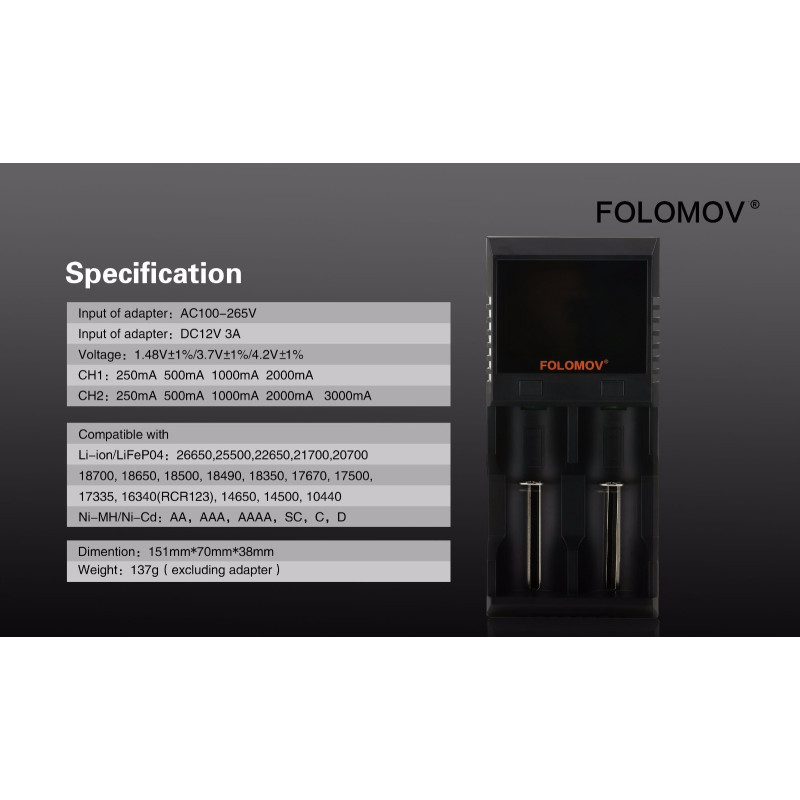 Folomov A2 26650 18650 2000 mah 3000mah lynoplader